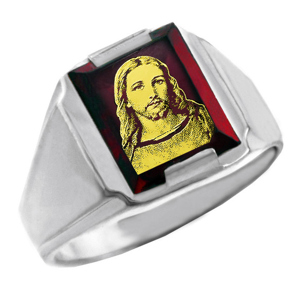 Sterling Silver Red CZ Stone Jesus Christ Signet Men's Ring