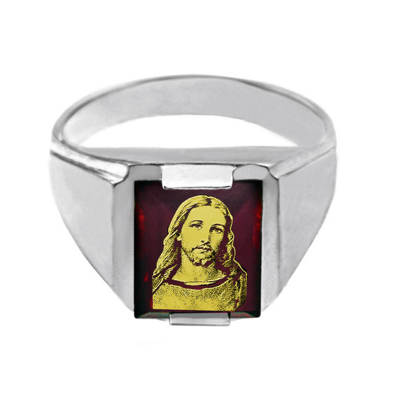 Sterling Silver Red CZ Stone Jesus Christ Signet Men's Ring