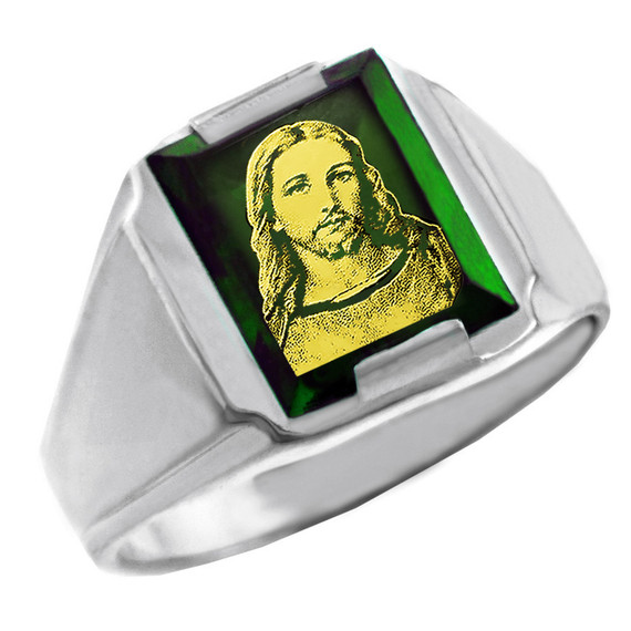 Solid White Gold Green CZ Stone Jesus Christ Signet Men's Ring