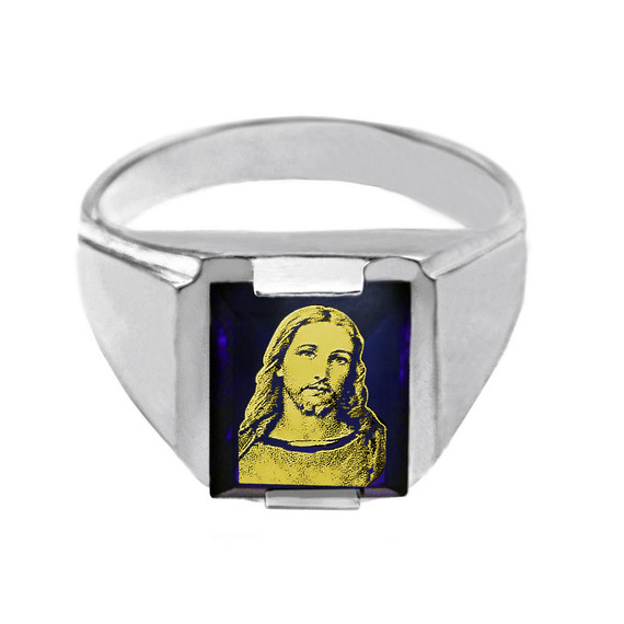 Sterling Silver Blue CZ Stone Jesus Christ Signet Men's Ring