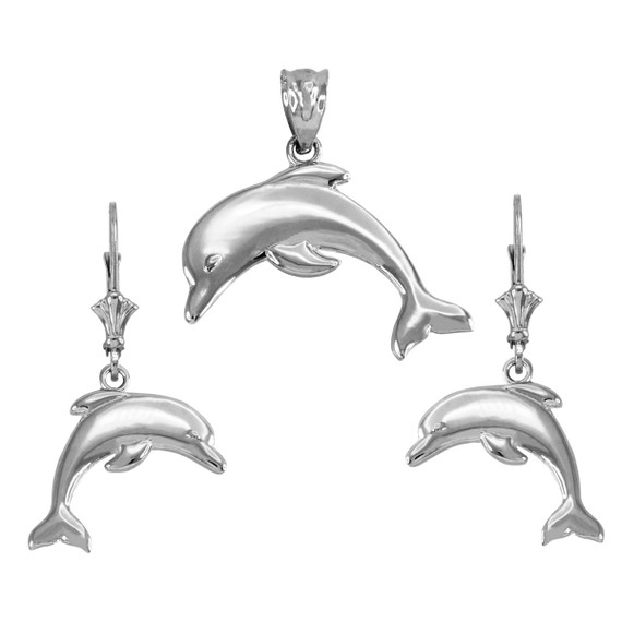 Sterling Silver Dolphin Necklace Earring Set