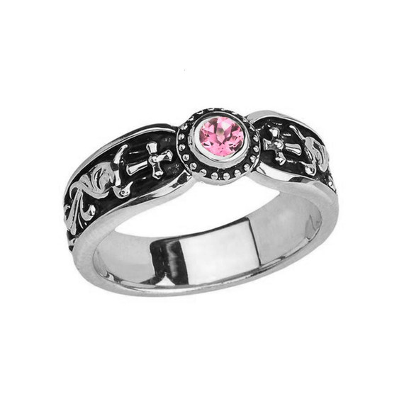 White Gold Pink CZ Side Way Cross Vintage Solitaire Wedding Band/Ring