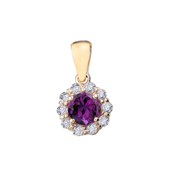 14k Yellow Gold Dainty Floral Diamond Center Stone Amethyst Pendant Necklace