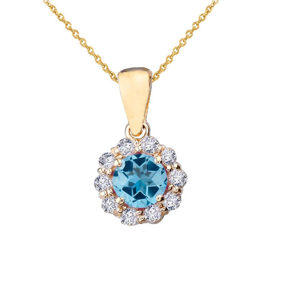 14k Yellow Gold Dainty Floral Diamond Center Stone Blue Topaz Pendant Necklace