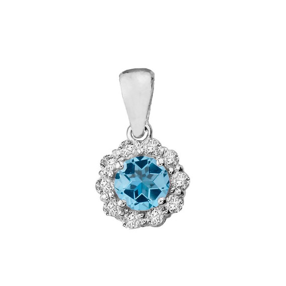 14k White Gold Dainty Floral Diamond Center Stone Blue Topaz Pendant Necklace