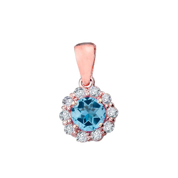 14k Rose Gold Dainty Floral Diamond Center Stone Blue Topaz Pendant Necklace