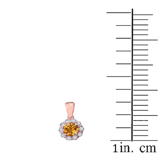 14k Rose Gold Dainty Floral Diamond Center Stone Citrine Pendant Necklace