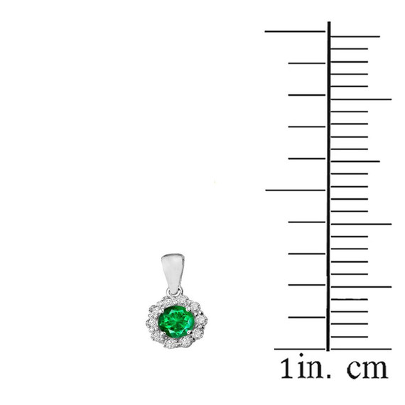 14k White Gold Dainty Floral Diamond Center Stone Emerald Pendant Necklace