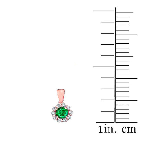 14k Rose Gold Dainty Floral Diamond Center Stone Emerald Pendant Necklace