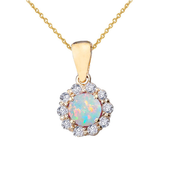14k Yellow Gold Dainty Floral Diamond Center Stone Opal Pendant Necklace