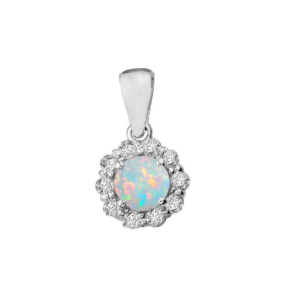 14k White Gold Dainty Floral Diamond Center Stone Opal Pendant Necklace