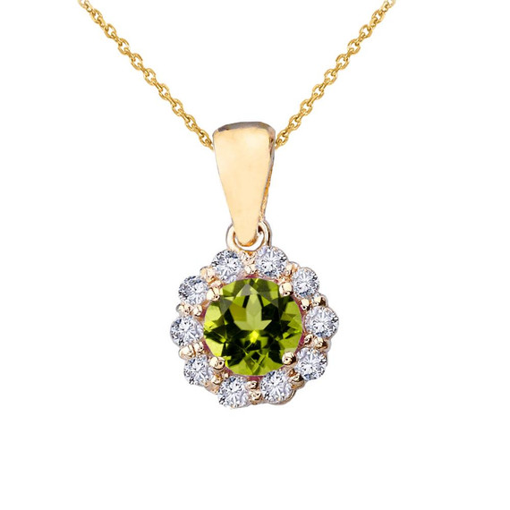 14k Yellow Gold Dainty Floral Diamond Center Stone Peridot Pendant Necklace