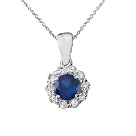 14k White Gold Dainty Floral Diamond Center Stone Sapphire Pendant Necklace