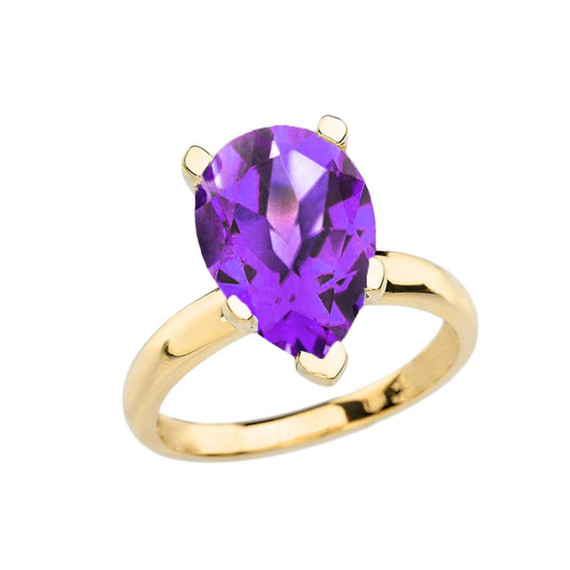 Yellow Gold Pear Shape Amethyst Engagement/Proposal Solitaire Ring