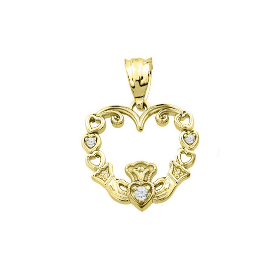 Yellow Gold Diamond Claddagh Open Heart Pendant Necklace