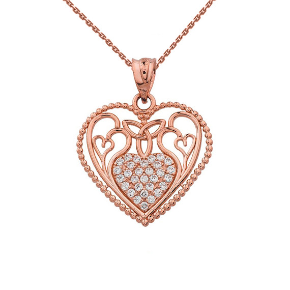 Diamond Heart Pendant With Trinity Knot and Filigree Hearts Design in Rose Gold