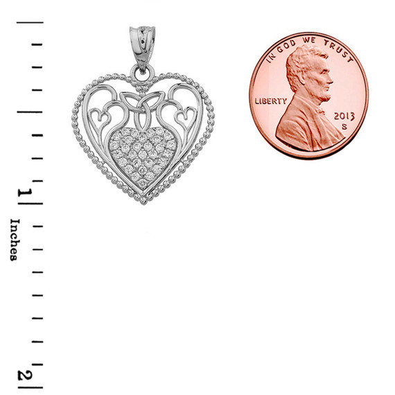 Diamond Heart Pendant With Trinity Knot and Filigree Hearts Design in White Gold