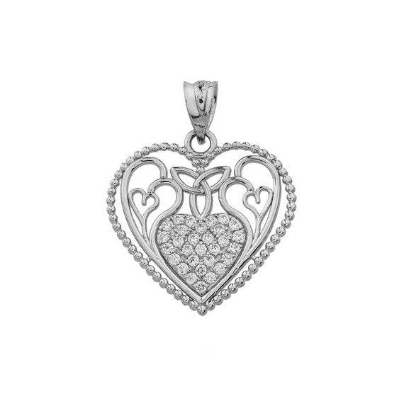 Heart Pendant With Trinity Knot and Filigree Hearts Design in White Gold