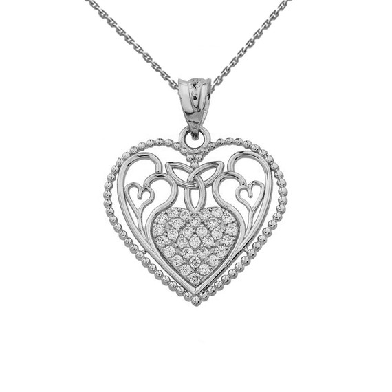 Heart Pendant With Trinity Knot and Filigree Hearts Design in White Gold