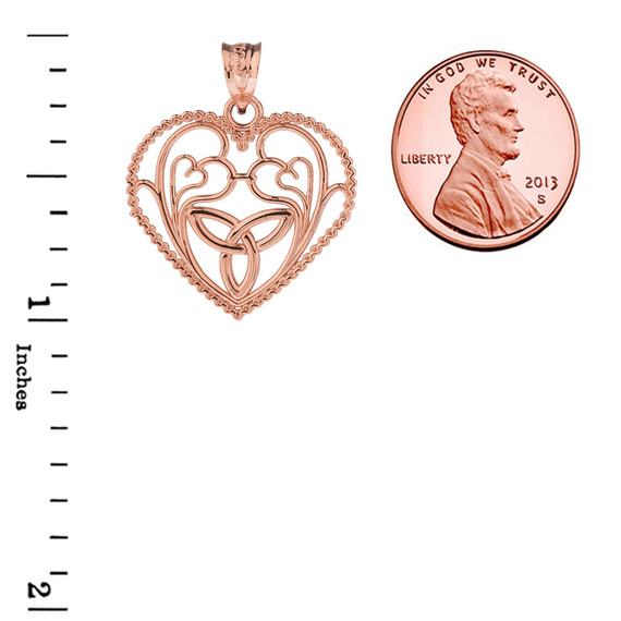 Rose Gold Rope Heart Pendant with Trinity Knot and Filigree Hearts Design