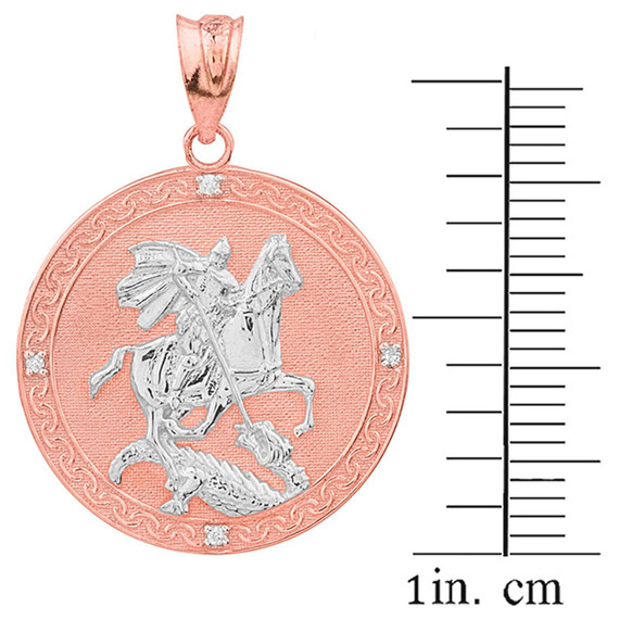 Two Tone Rose Gold Saint George Engravable Diamond Medallion Pendant Necklace  (Large)