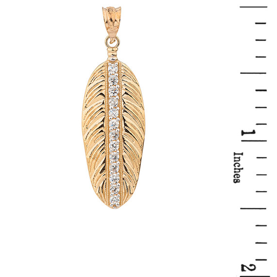 Solid Yellow Gold Cubic Zirconia Boho Feather Pendant Necklace (Large)