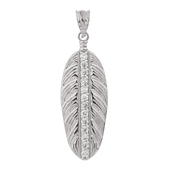 Solid White Gold Cubic Zirconia Boho Feather Pendant Necklace (Large)