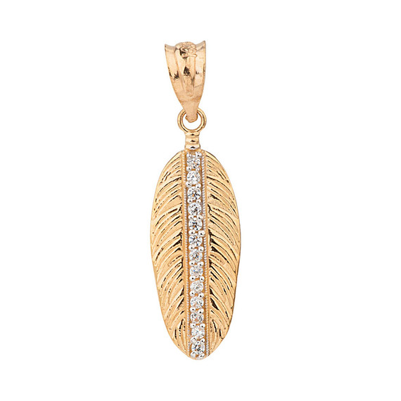 Solid Yellow Gold Cubic Zirconia Boho Feather Pendant Necklace (Small)