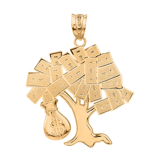 Solid Yellow Gold Hip Hop Money Tree Money Bag Pendant Necklace