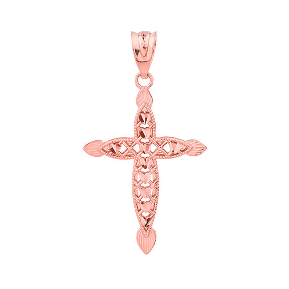 Solid Rose Gold Love Heart Woven Filigree Cross Pendant Necklace