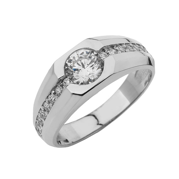 White Gold Mens Solitaire Ring with Cubic Zirconia Center Stone