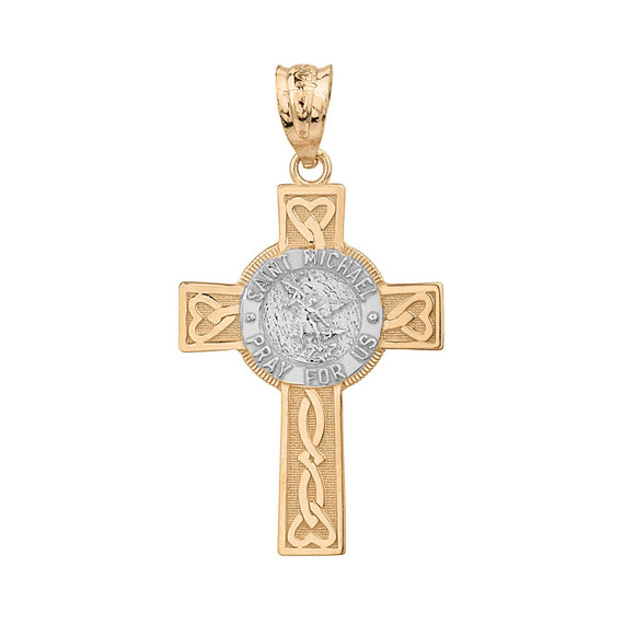 Solid Two Tone Yellow Gold Saint Michael Pray For Us Celtic Cross Pendant Necklace