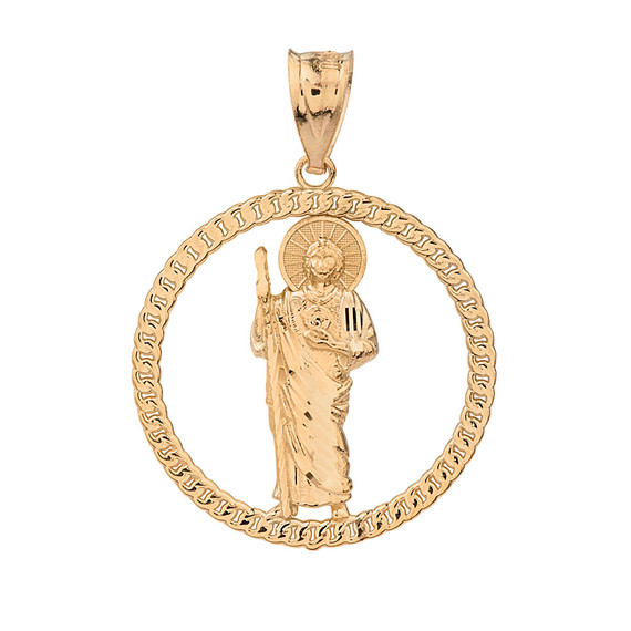 Solid Yellow  Gold Rope Frame Diamond Cut Saint Jude Circle Pendant Necklace