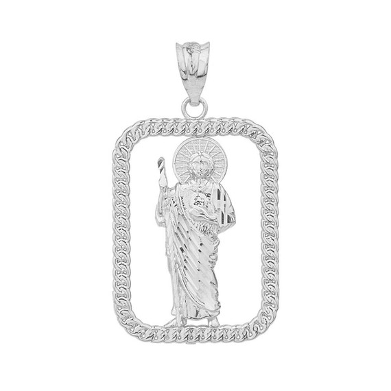 Sterling Silver Rope Frame Diamond Cut Saint Jude Rectangle Pendant Necklace