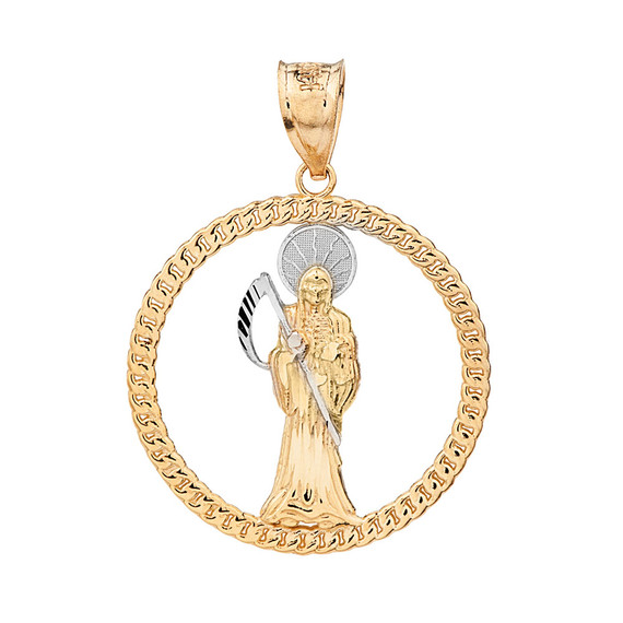 Solid Two Tone Yellow Gold Rope Frame Diamond Cut Santa Muerte Circle Pendant Necklace
