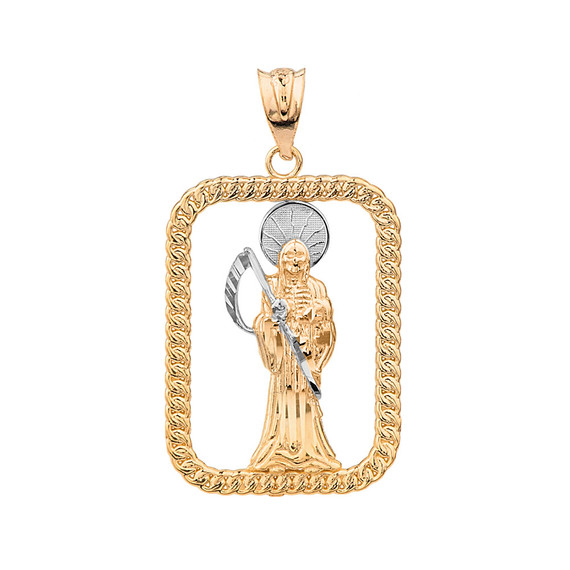 Solid Two Tone Yellow Gold Rope Frame Diamond Cut Santa Muerte Rectangle Pendant Necklace