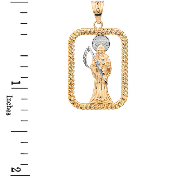 Solid Two Tone Yellow Gold Rope Frame Diamond Cut Santa Muerte Rectangle Pendant Necklace