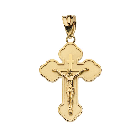 Solid Yellow Gold Double Sided Eastern Orthodox Russian Crucifix Pendant Necklace (Small)
