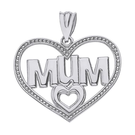 Solid White Gold Dotted Texture Double Hearts Mum Pendant Necklace