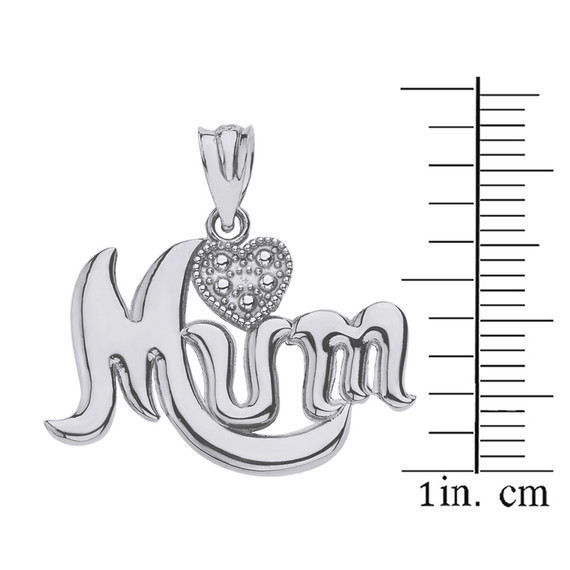 Solid White Gold Rhodium Heart Diamond Cursive Mum Pendant Necklace