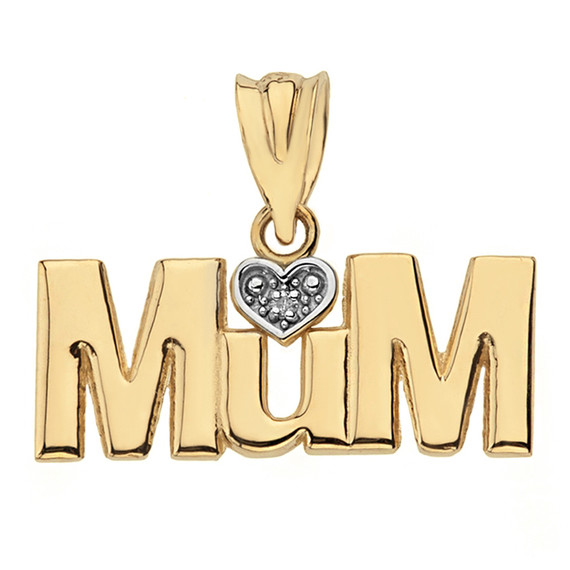 Solid Yellow Gold  Rhodium Heart Diamond Mum Pendant Necklace