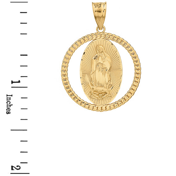 Solid Yellow Gold Cuban Link Circle Frame Diamond Cut Lady of Guadalupe Pendant Necklace