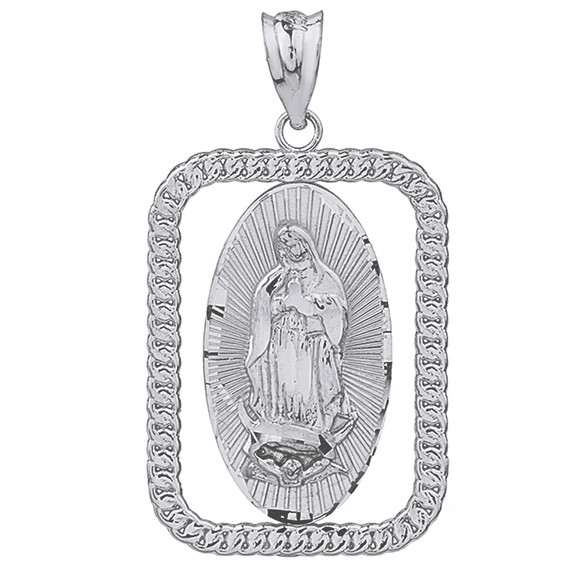 Solid White Gold Cuban Link Rectangular Frame Diamond Cut Lady of Guadalupe Pendant Necklace