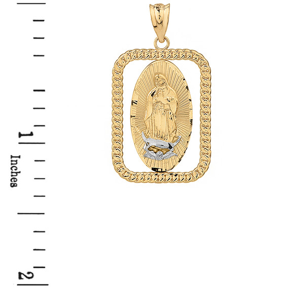 Solid Two Tone Yellow Gold Cuban Link Rectangular Frame Diamond Cut Lady of Guadalupe Pendant Necklace