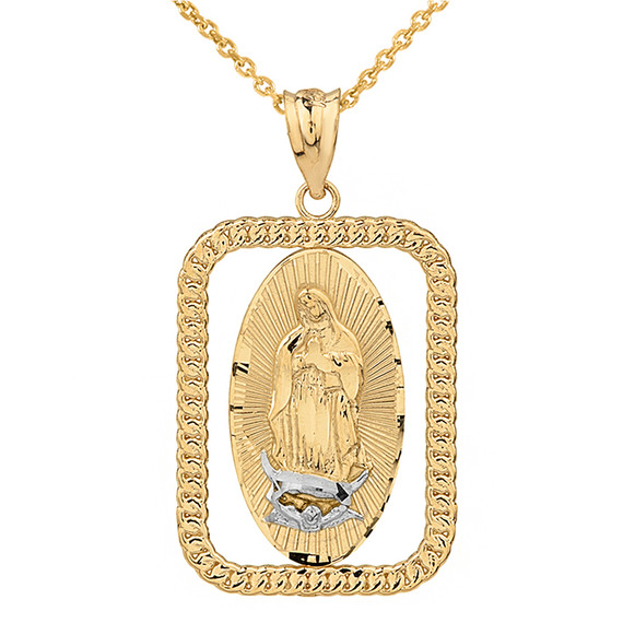 Solid Two Tone Yellow Gold Cuban Link Rectangular Frame Diamond Cut Lady of Guadalupe Pendant Necklace