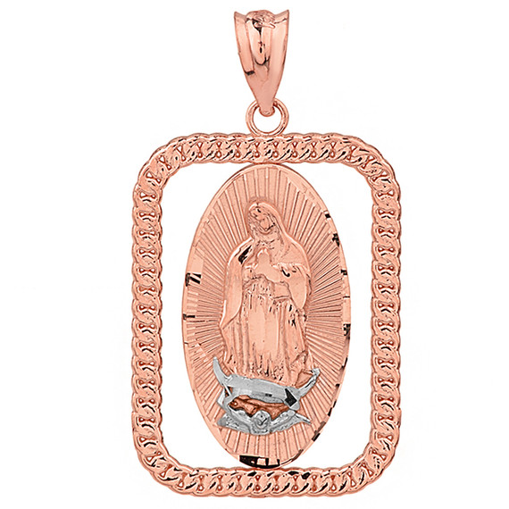 Solid Two Tone Rose Gold Cuban Link Rectangular Frame Diamond Cut Lady of Guadalupe Pendant Necklace