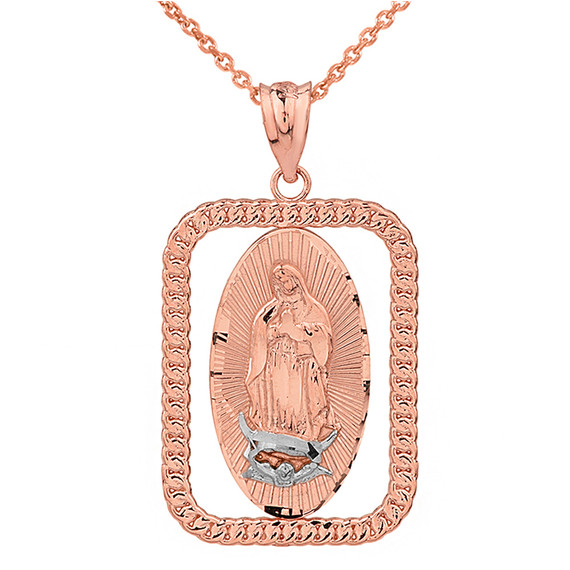 Solid Two Tone Rose Gold Cuban Link Rectangular Frame Diamond Cut Lady of Guadalupe Pendant Necklace