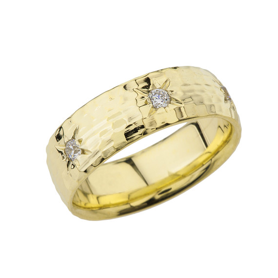 Gold 7 1\2 Hammered Diamond Mens Wedding Band