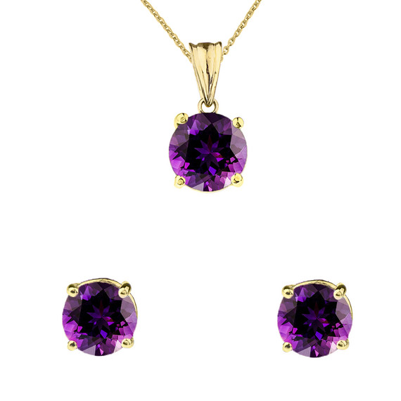 10K Yellow Gold February Birthstone Amethyst (LCAM) Pendant Necklace & Earring Set