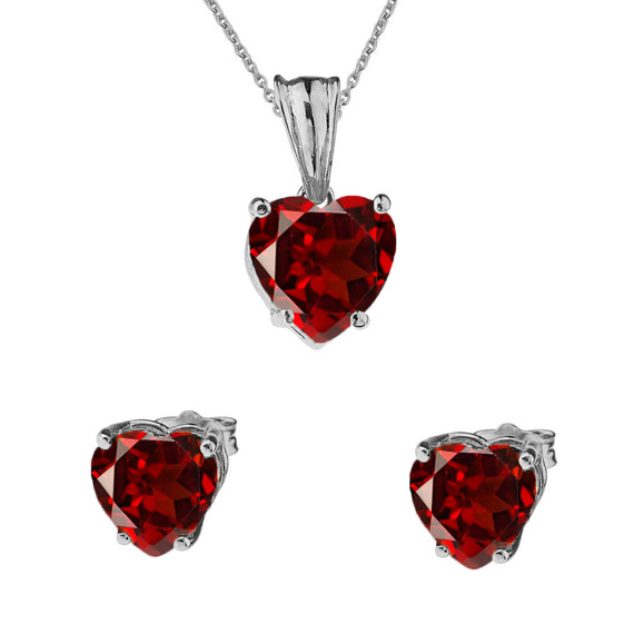 10K White Gold Heart January Birthstone Garnet (LCG) Pendant Necklace & Earring Set